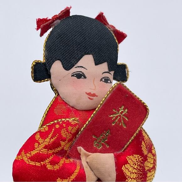 Vintage Oriental Lunar New Year Girl Red Envelope Silk Flat Figure Floral Pick - Picture 2 of 7